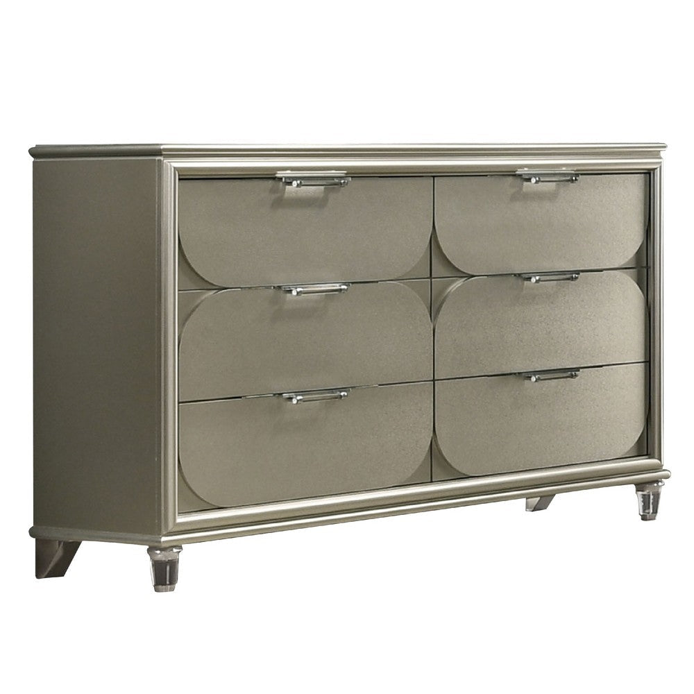 Zema 6 Drawer Wide Dresser | Silver Solid Wood | Acrylic Accents