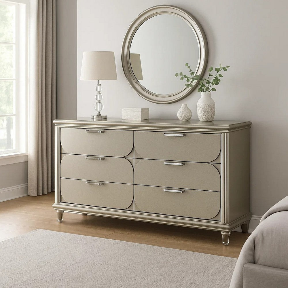 Zema 6 Drawer Wide Dresser | Silver Solid Wood | Acrylic Accents