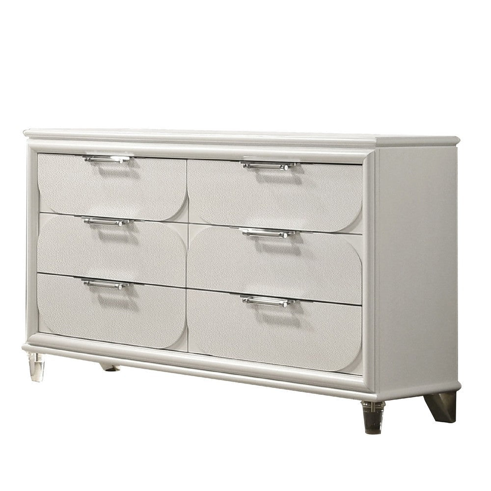 Dima 6 Drawer Wide Dresser | Pearl White Solid Wood | Acrylic Hardware