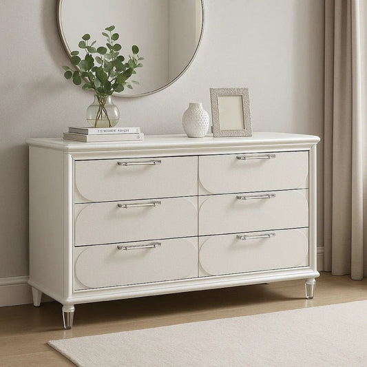 Dima 6 Drawer Wide Dresser | Pearl White Solid Wood | Acrylic Hardware
