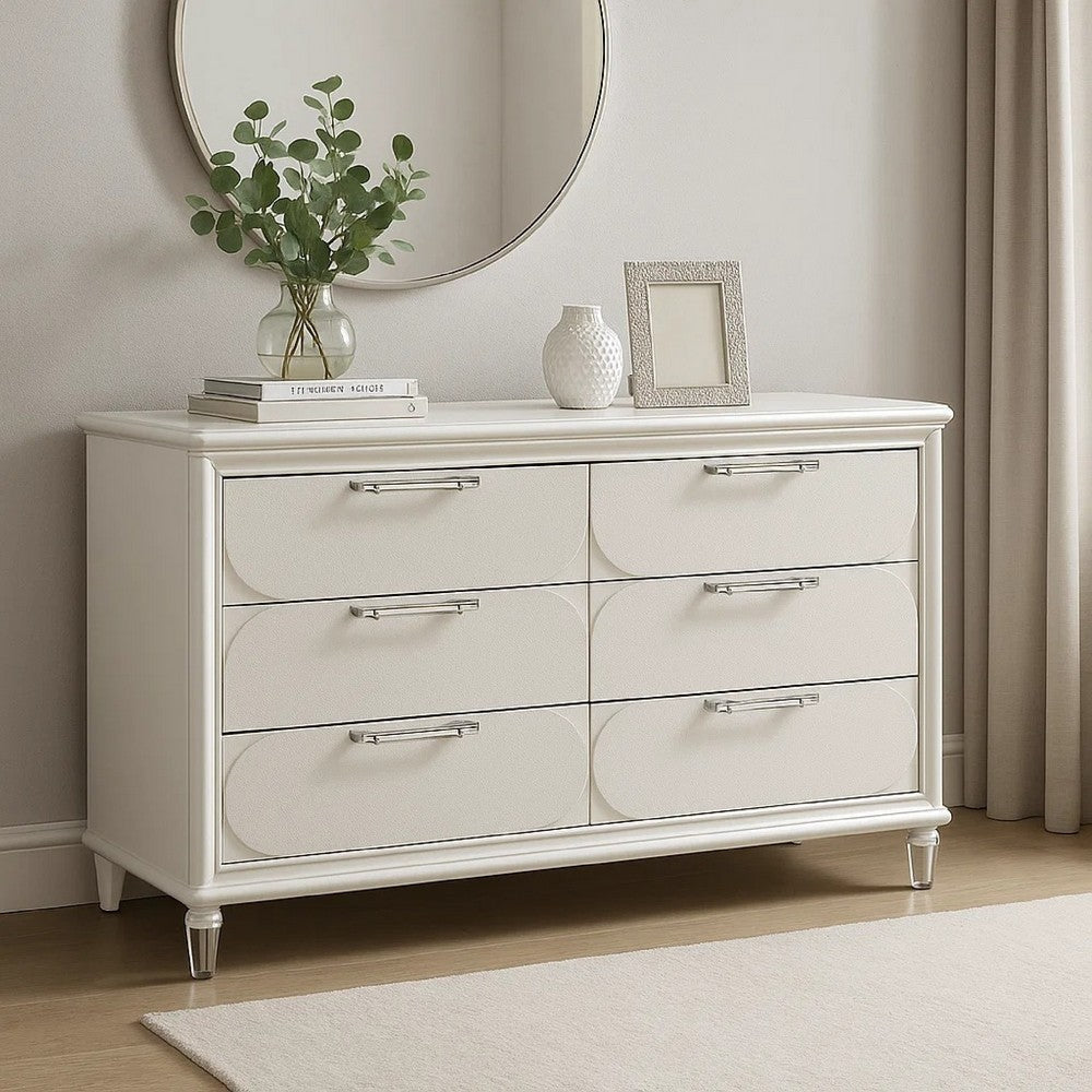 Dima 6 Drawer Wide Dresser | Pearl White Solid Wood | Acrylic Hardware
