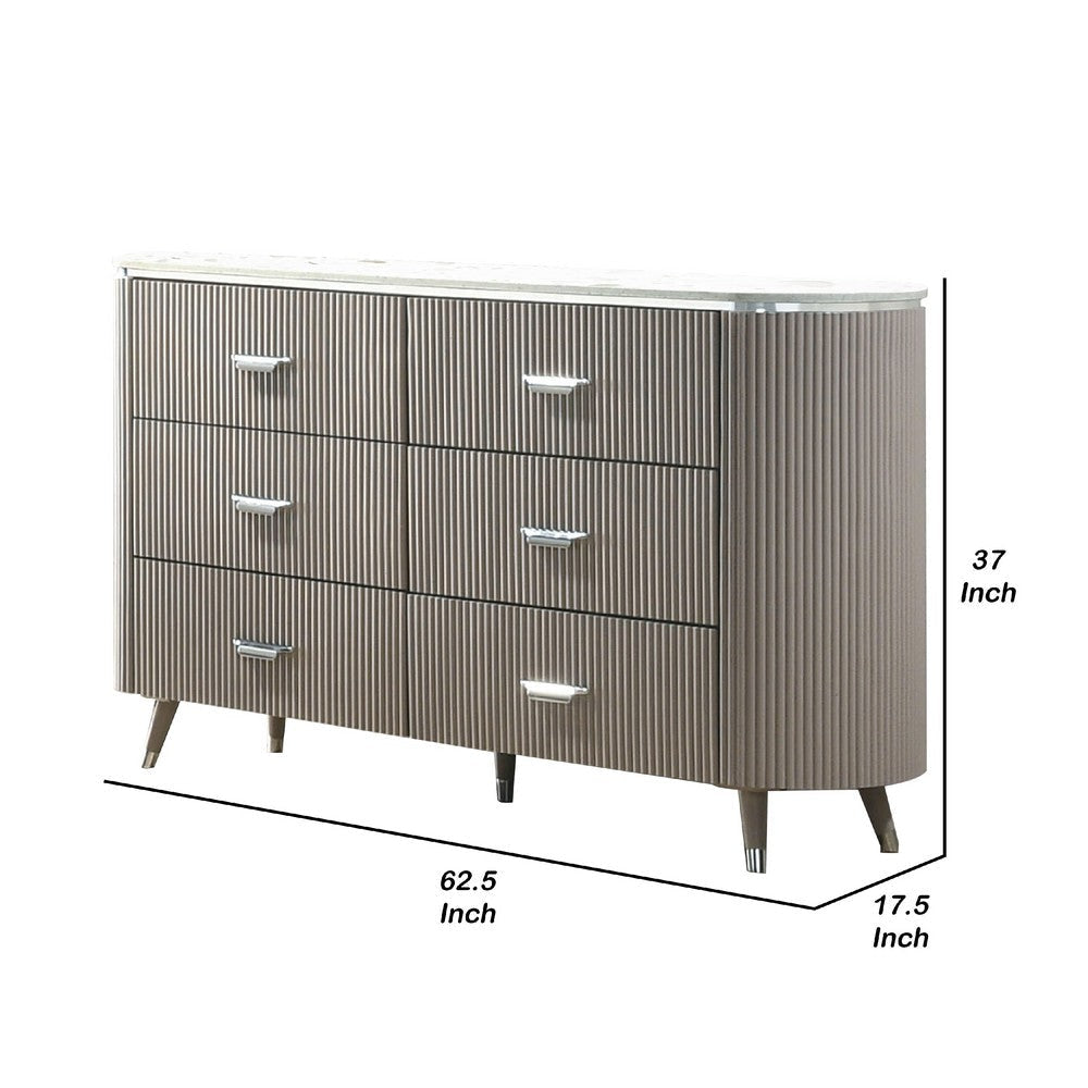 Gema 6 Drawer Wide Dresser | Light Gray Solid Wood | Cultured Stone Top BM340232