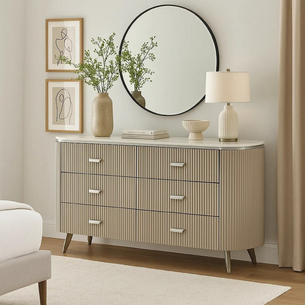 Gema 6 Drawer Wide Dresser | Light Gray Solid Wood | Cultured Stone Top BM340232