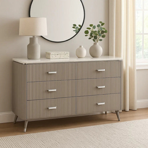 Gema 6 Drawer Wide Dresser | Light Gray Solid Wood | Cultured Stone Top