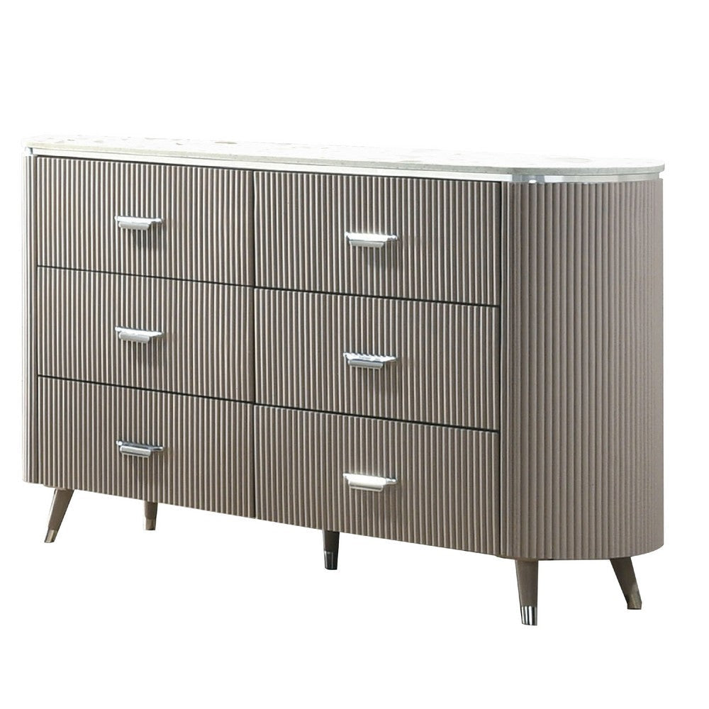 Gema 6 Drawer Wide Dresser | Light Gray Solid Wood | Cultured Stone Top