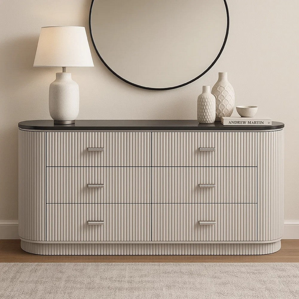 Alda 6 Drawer Wide Dresser | Light Gray Solid Wood | Cultured Stone Top BM340233