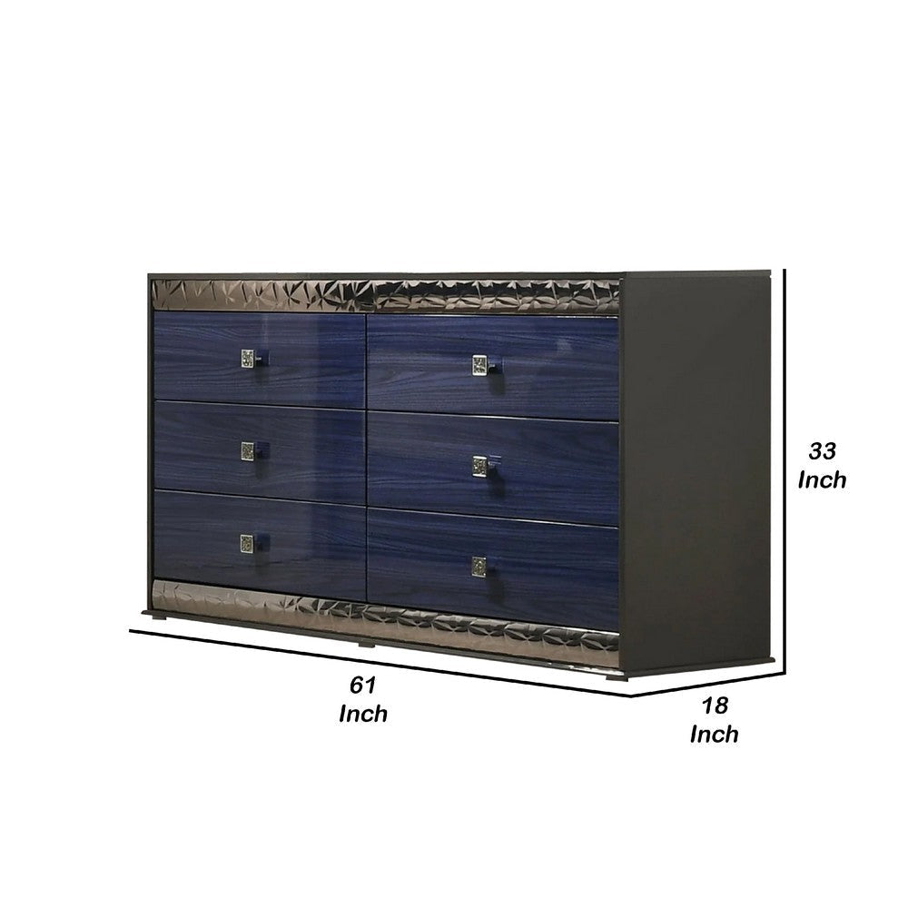 Cote 6 Drawer Dresser | Ash Gray | Indigo Blue Solid Wood | Chrome BM340234