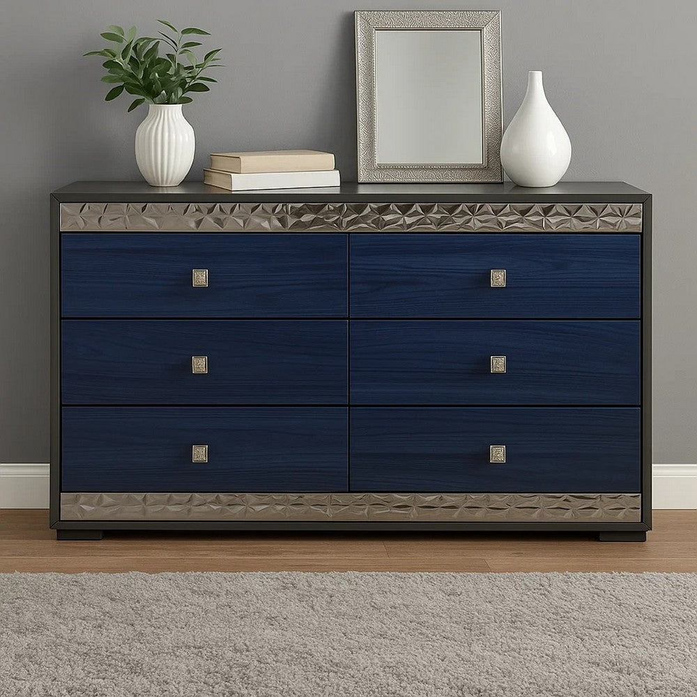Cote 6 Drawer Dresser | Ash Gray | Indigo Blue Solid Wood | Chrome BM340234
