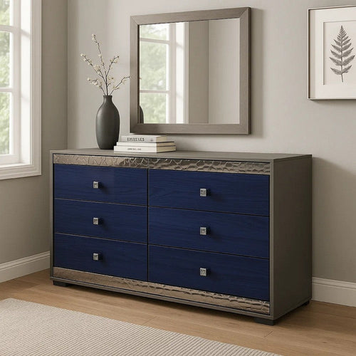Cote 6 Drawer Dresser | Ash Gray | Indigo Blue Solid Wood | Chrome