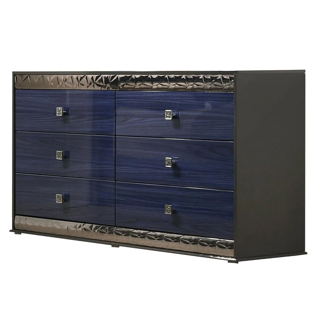 Cote 6 Drawer Dresser | Ash Gray | Indigo Blue Solid Wood | Chrome