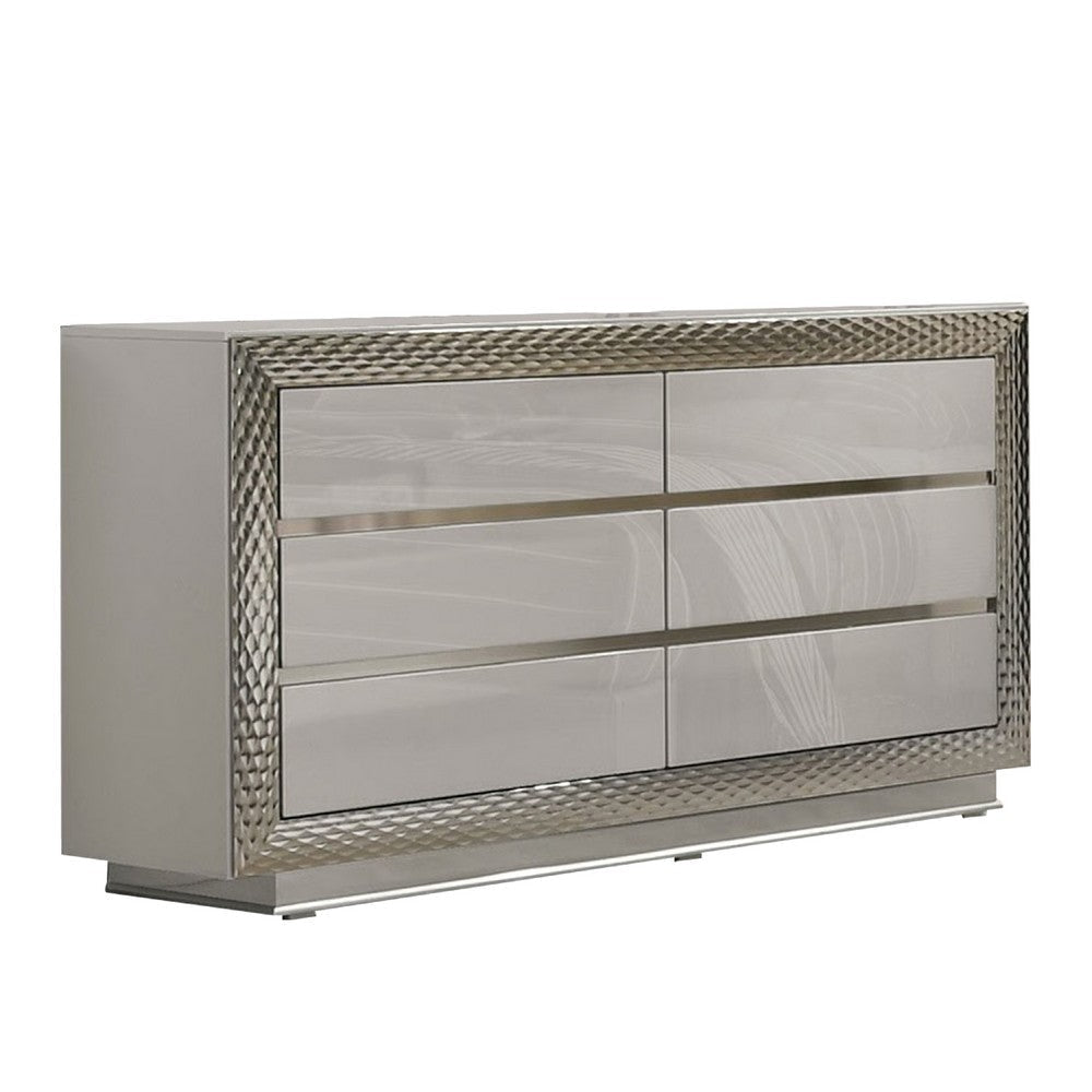 Vino 6 Drawer Wide Dresser | Gray Solid Wood | Silver Molding