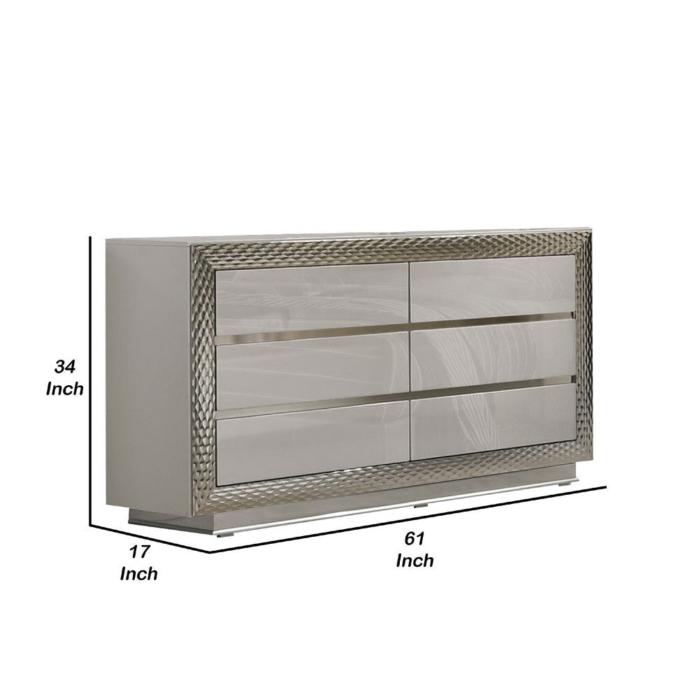 Vino 6 Drawer Wide Dresser | Gray Solid Wood | Silver Molding BM340235