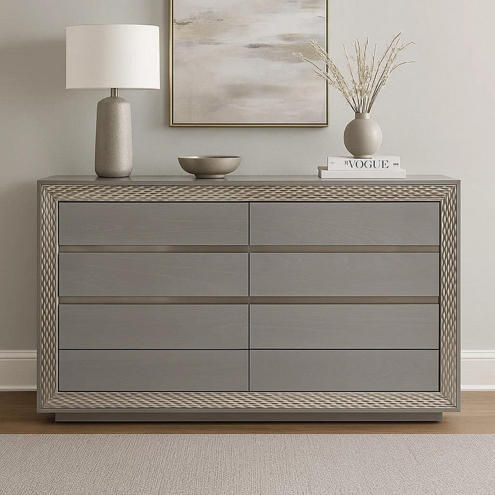 Vino 6 Drawer Wide Dresser | Gray Solid Wood | Silver Molding BM340235