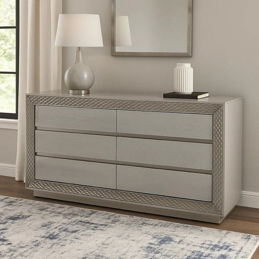 Vino 6 Drawer Wide Dresser | Gray Solid Wood | Silver Molding