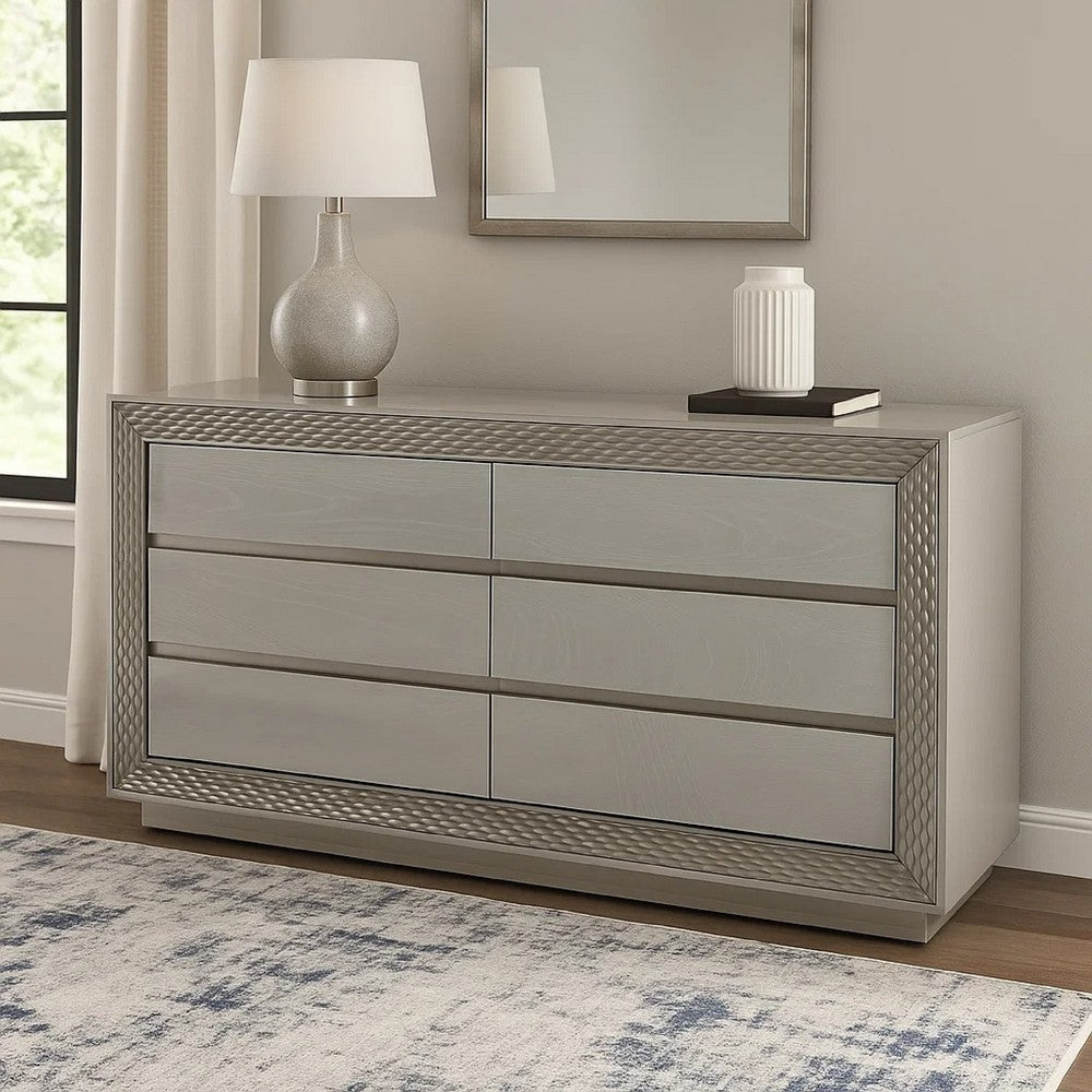 Vino 6 Drawer Wide Dresser | Gray Solid Wood | Silver Molding
