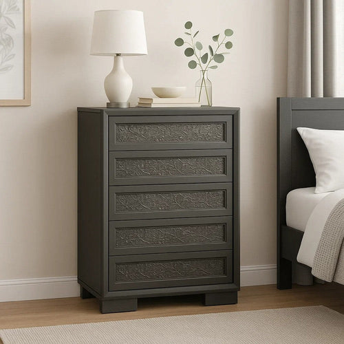 Levi 5 Drawer Tall Dresser Chest | Dark Gray Solid Wood | Bedroom Storage
