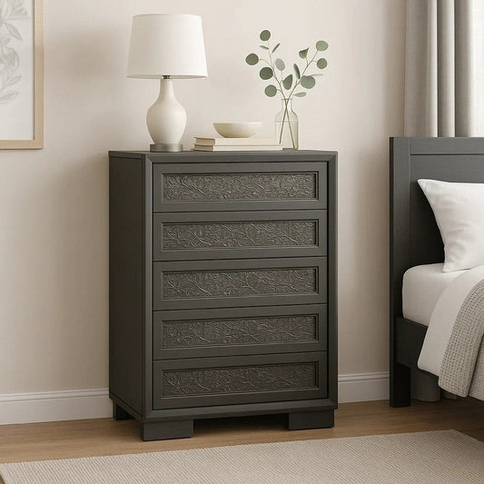 Levi 5 Drawer Tall Dresser Chest | Dark Gray Solid Wood | Bedroom Storage