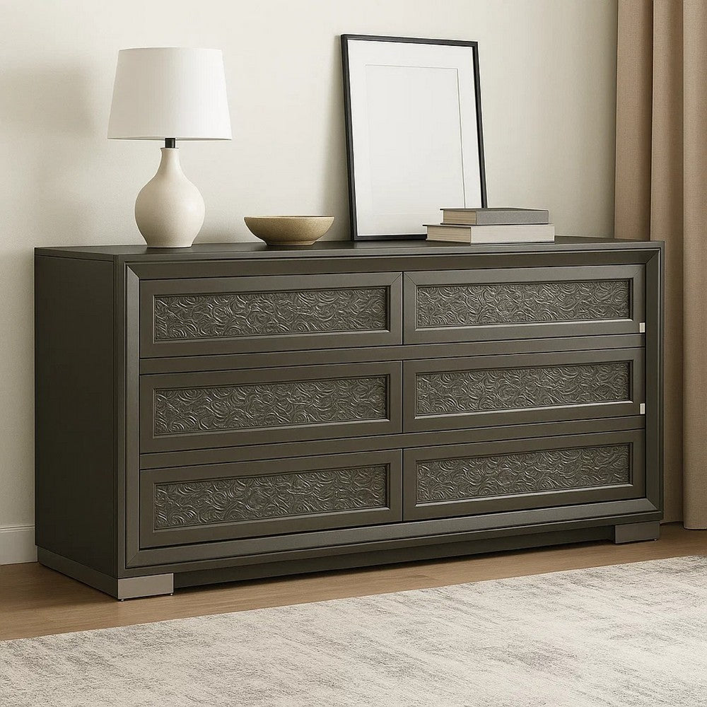 Levi 6 Drawer Wide Dresser | Dark Gray Solid Wood | Bedroom Storage BM340237