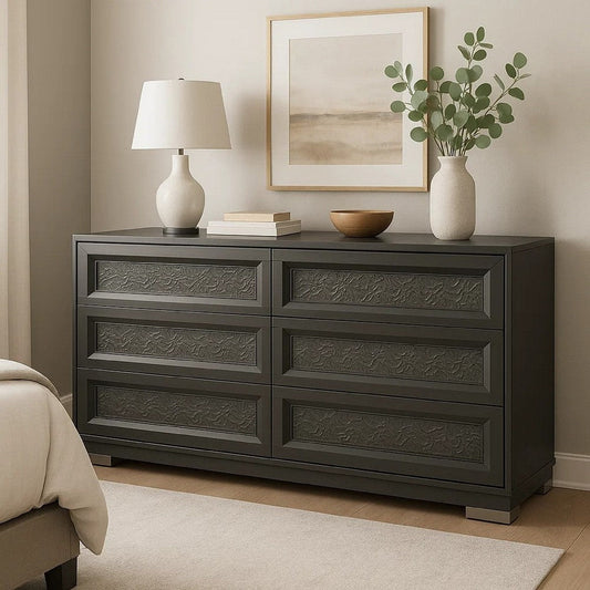 Levi 6 Drawer Wide Dresser | Dark Gray Solid Wood | Bedroom Storage