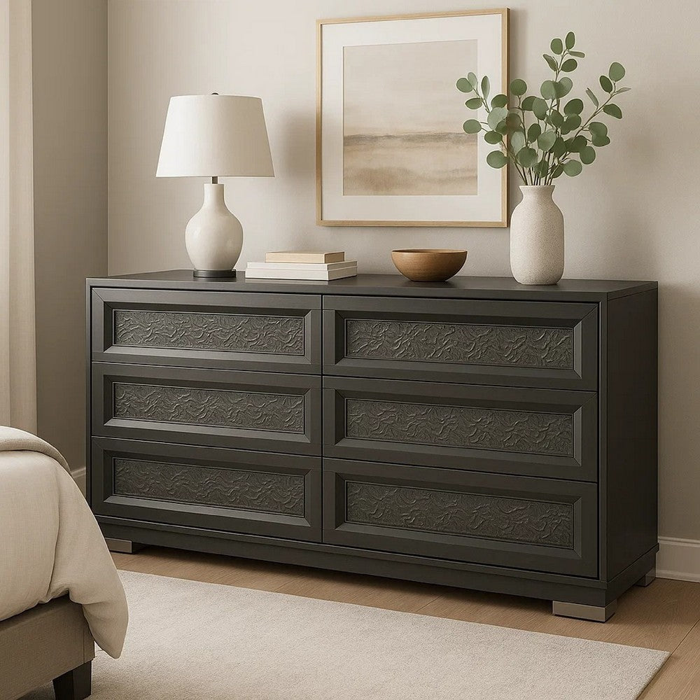 Levi 6 Drawer Wide Dresser | Dark Gray Solid Wood | Bedroom Storage