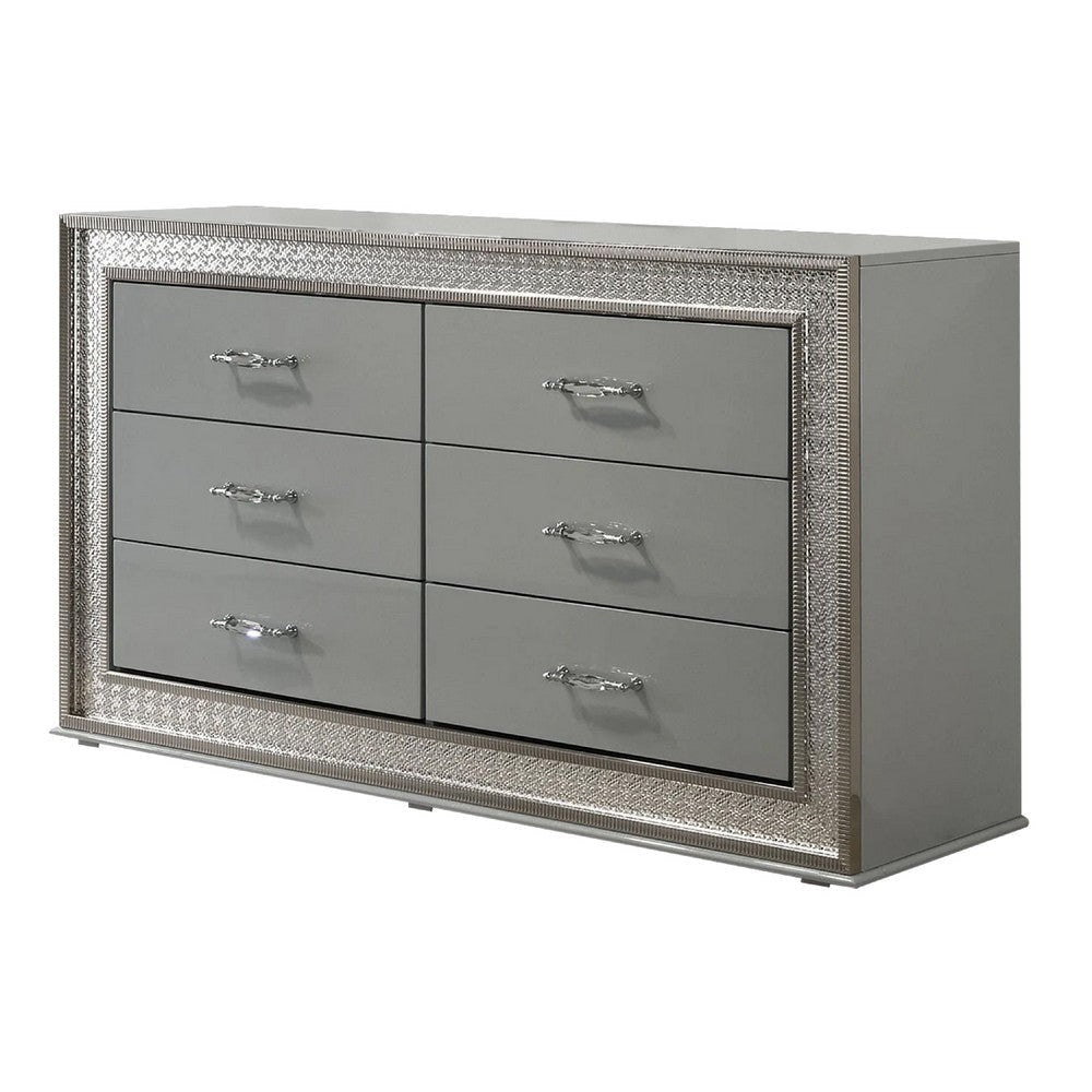 Cyl 6 Drawer Wide Dresser | Metallic Gray Solid Wood | Chrome Trim