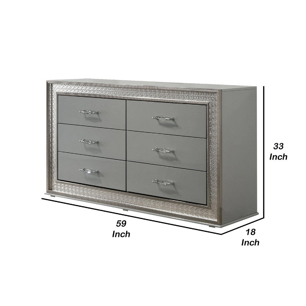 Cyl 6 Drawer Wide Dresser | Metallic Gray Solid Wood | Chrome Trim BM340238