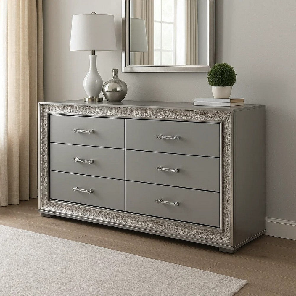 Cyl 6 Drawer Wide Dresser | Metallic Gray Solid Wood | Chrome Trim BM340238