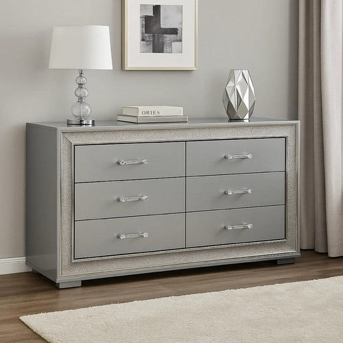 Cyl 6 Drawer Wide Dresser | Metallic Gray Solid Wood | Chrome Trim