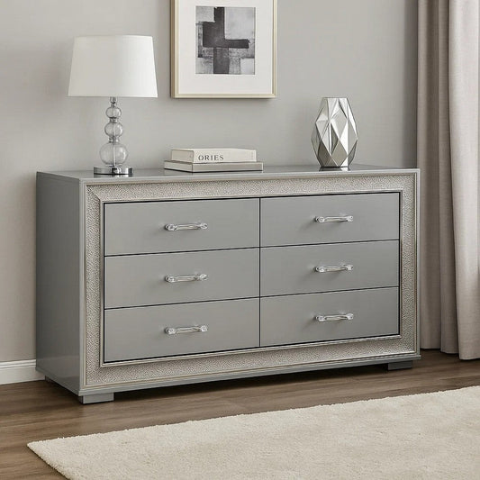 Cyl 6 Drawer Wide Dresser | Metallic Gray Solid Wood | Chrome Trim