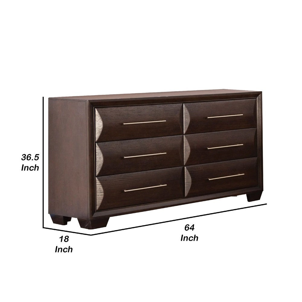 Nitz 6 Drawer Wide Dresser | Espresso Brown Solid Wood | Rose Gold Handles BM340239