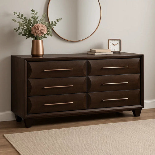 Nitz 6 Drawer Wide Dresser | Espresso Brown Solid Wood | Rose Gold Handles