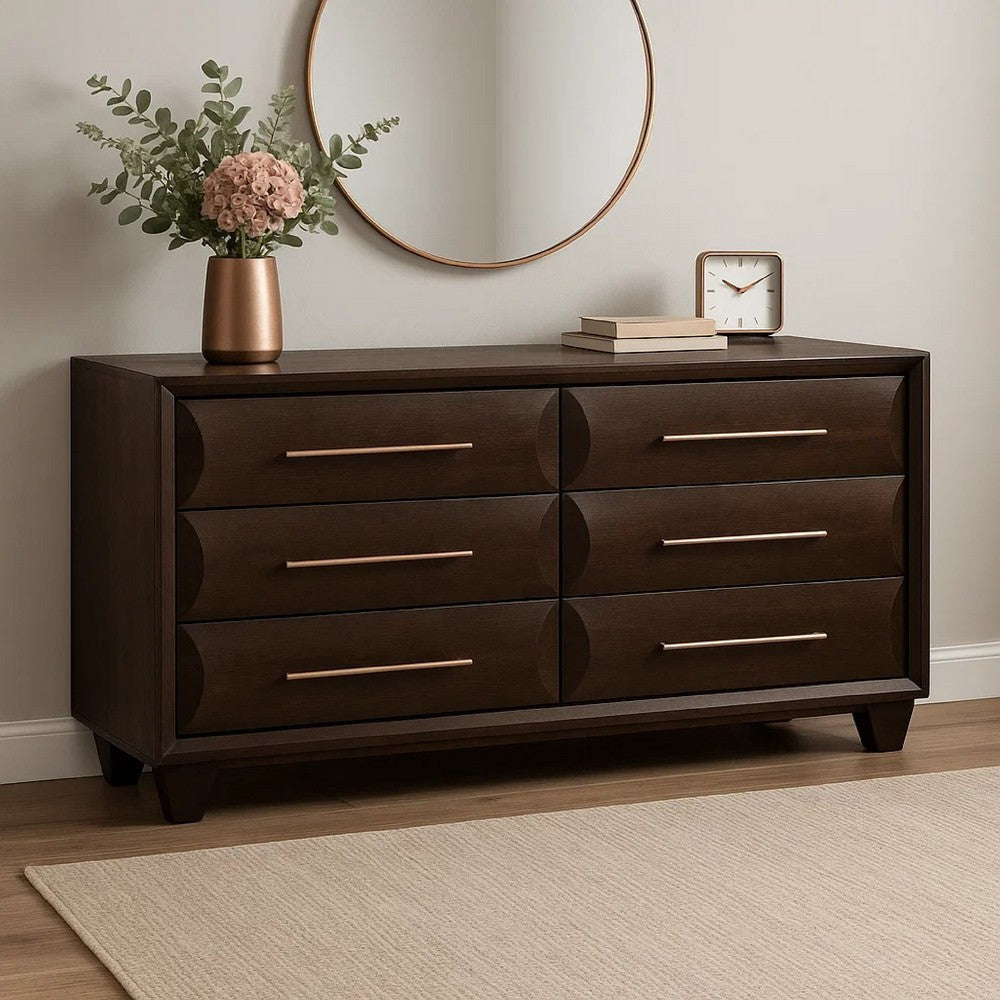 Nitz 6 Drawer Wide Dresser | Espresso Brown Solid Wood | Rose Gold Handles
