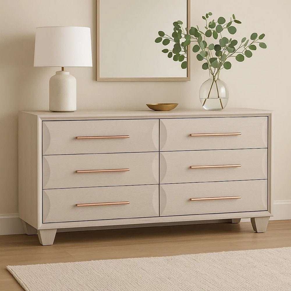 Nitz 6 Drawer Wide Dresser | White Oak Solid Wood Frame | Rose Gold Handles BM340240