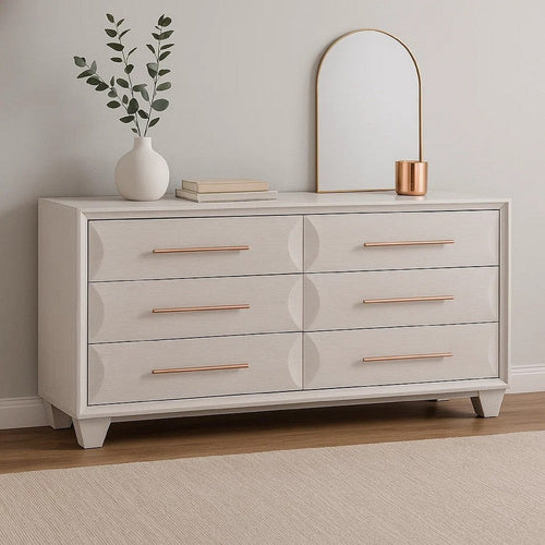 Nitz 6 Drawer Wide Dresser | White Oak Solid Wood Frame | Rose Gold Handles