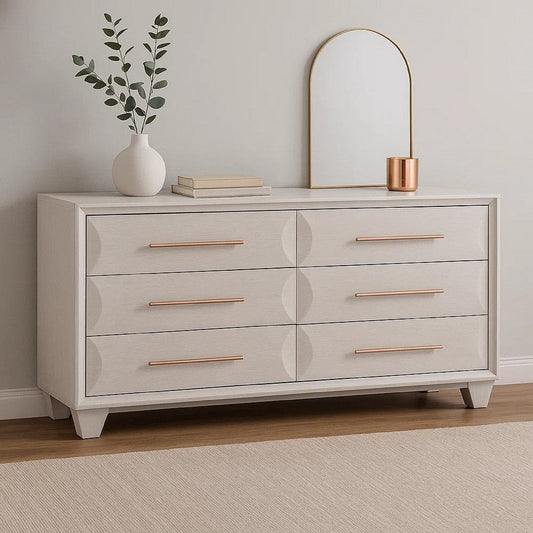 Nitz 6 Drawer Wide Dresser | White Oak Solid Wood Frame | Rose Gold Handles