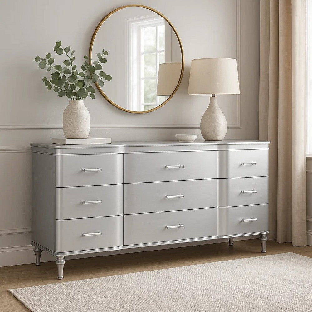 Eleena 6 Drawer Wide Dresser | Silver Solid Wood Frame | Acrylic Handles BM340242