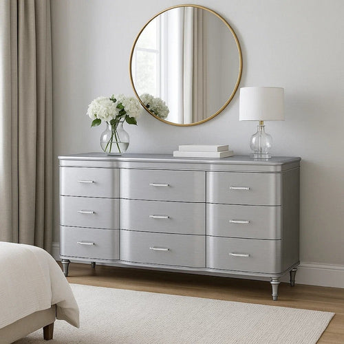 Eleena 6 Drawer Wide Dresser | Silver Solid Wood Frame | Acrylic Handles