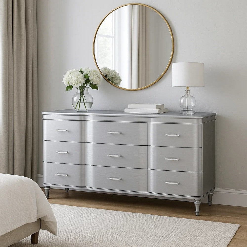 Eleena 6 Drawer Wide Dresser | Silver Solid Wood Frame | Acrylic Handles