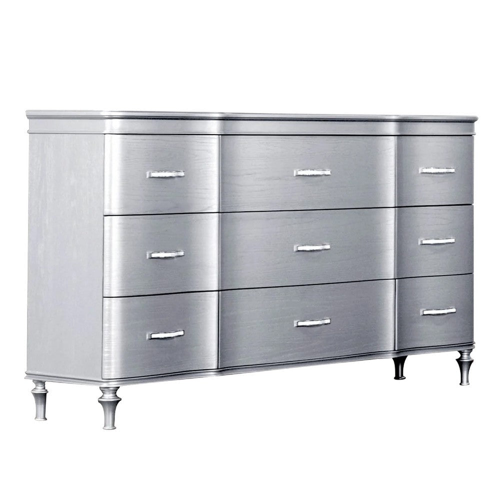 Eleena 6 Drawer Wide Dresser | Silver Solid Wood Frame | Acrylic Handles