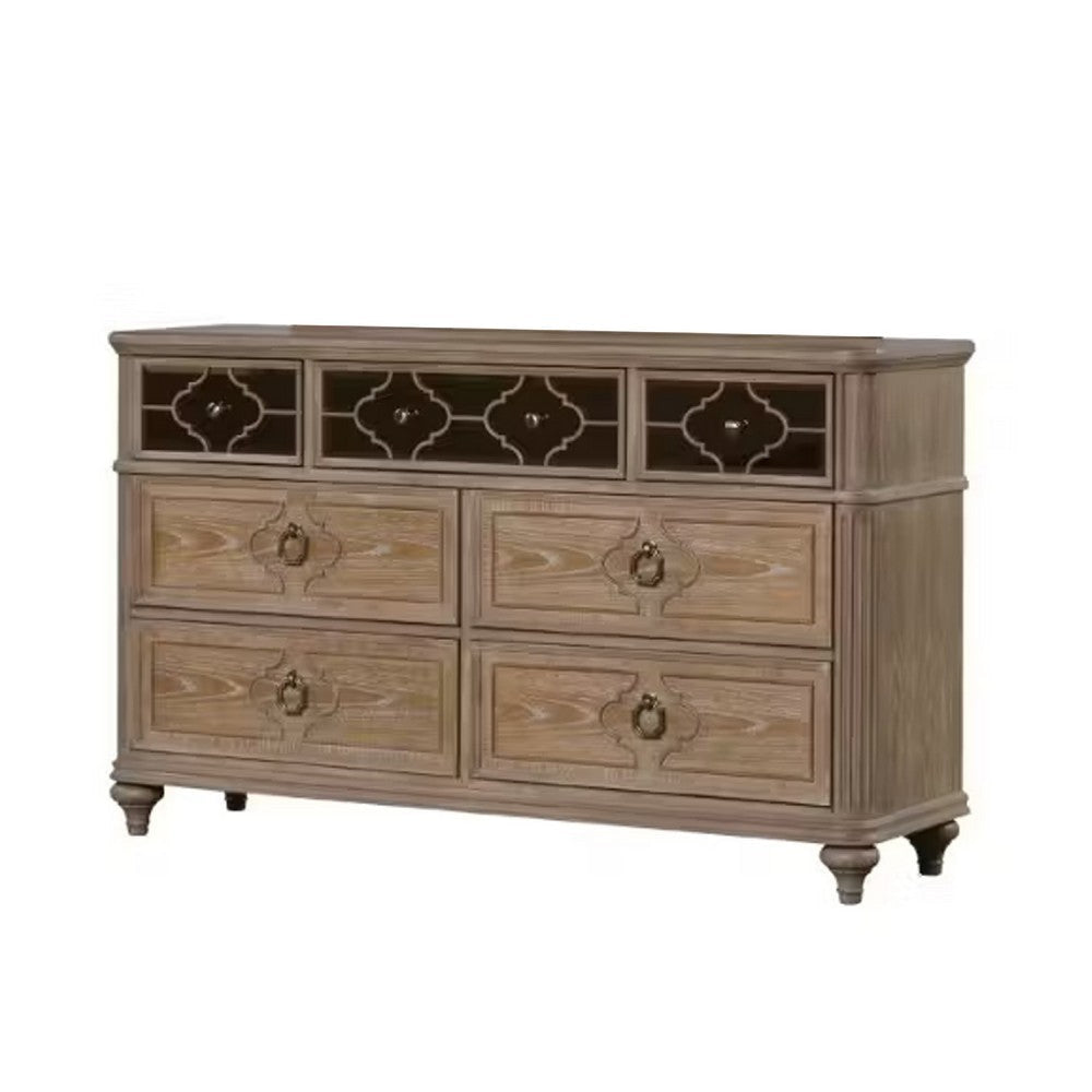 Lyla 7 Drawer Wide Dresser | Rustic Oak Solid Wood | Antique Mirror Panels BM340243