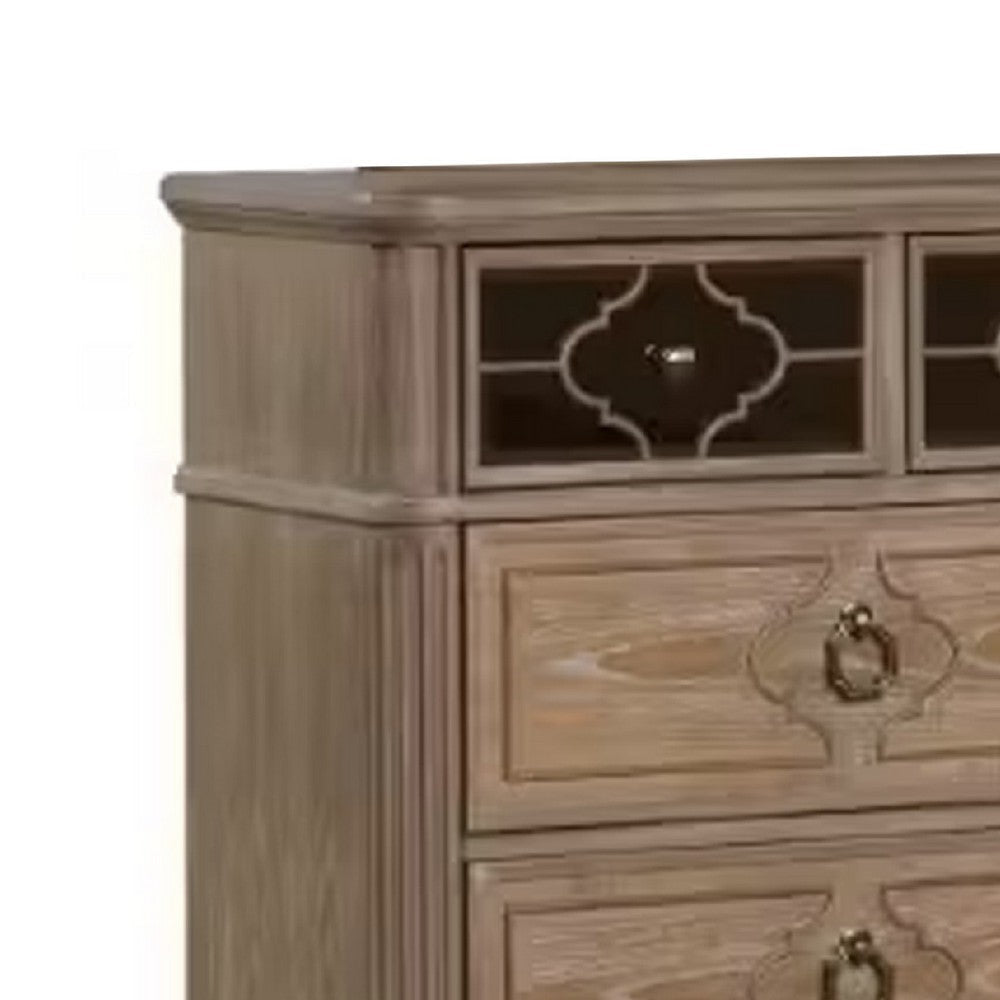 Lyla 7 Drawer Wide Dresser | Rustic Oak Solid Wood | Antique Mirror Panels BM340243