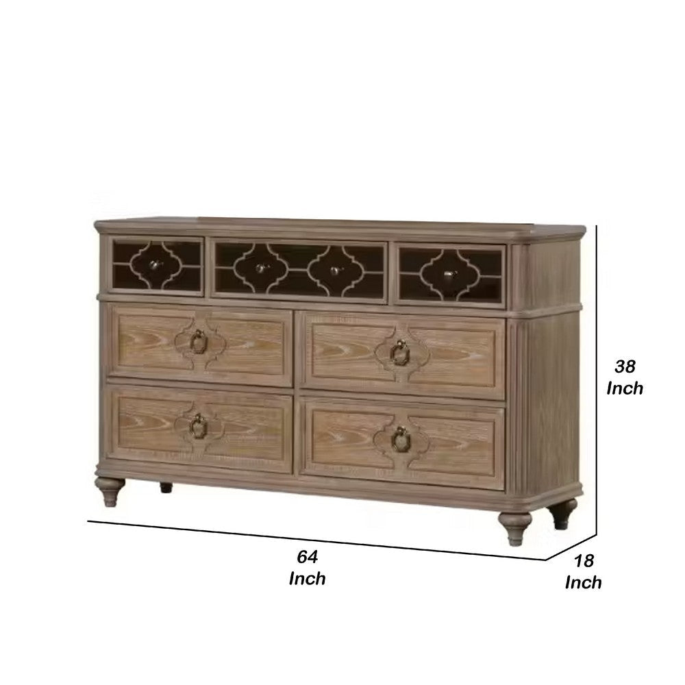Lyla 7 Drawer Wide Dresser | Rustic Oak Solid Wood | Antique Mirror Panels BM340243