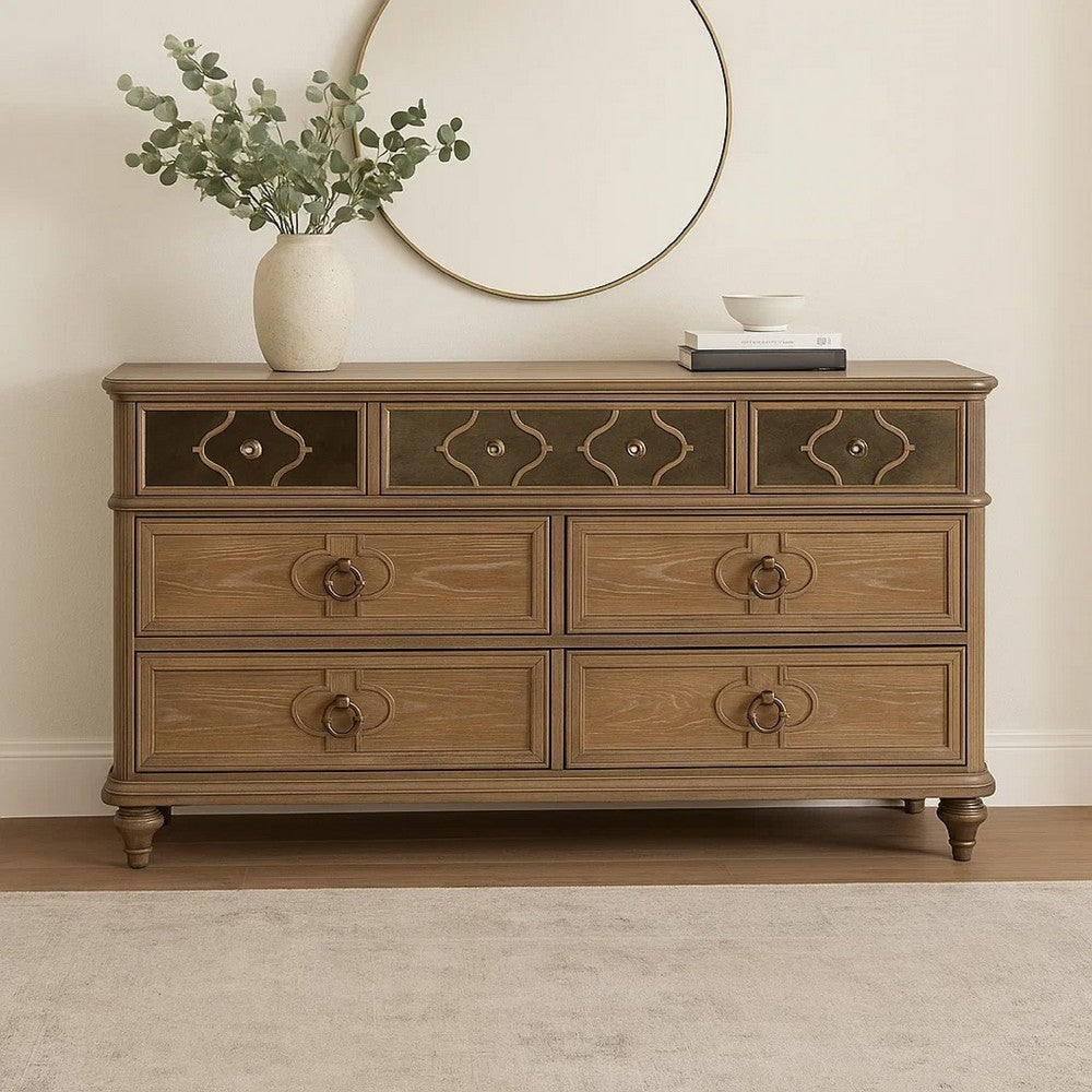 Lyla 7 Drawer Wide Dresser | Rustic Oak Solid Wood | Antique Mirror Panels BM340243