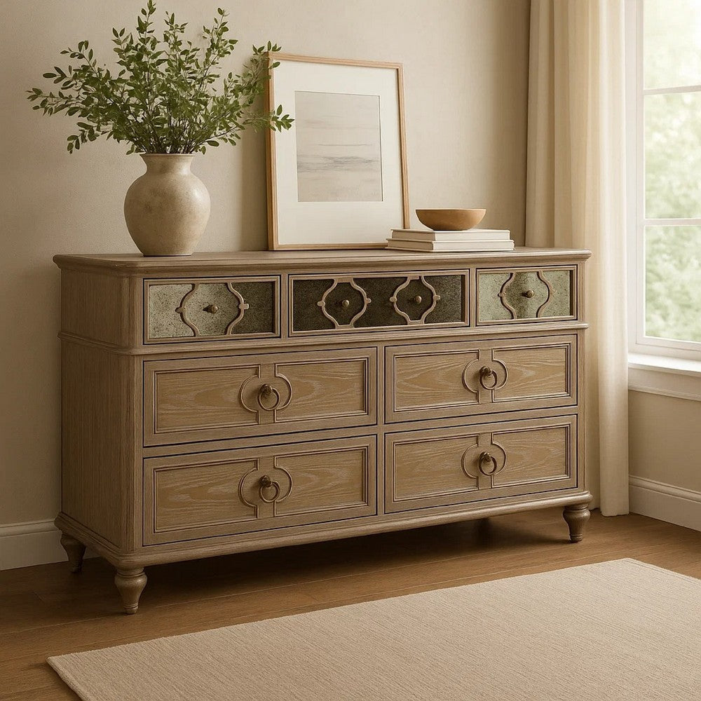 Lyla 7 Drawer Wide Dresser | Rustic Oak Solid Wood | Antique Mirror Panels