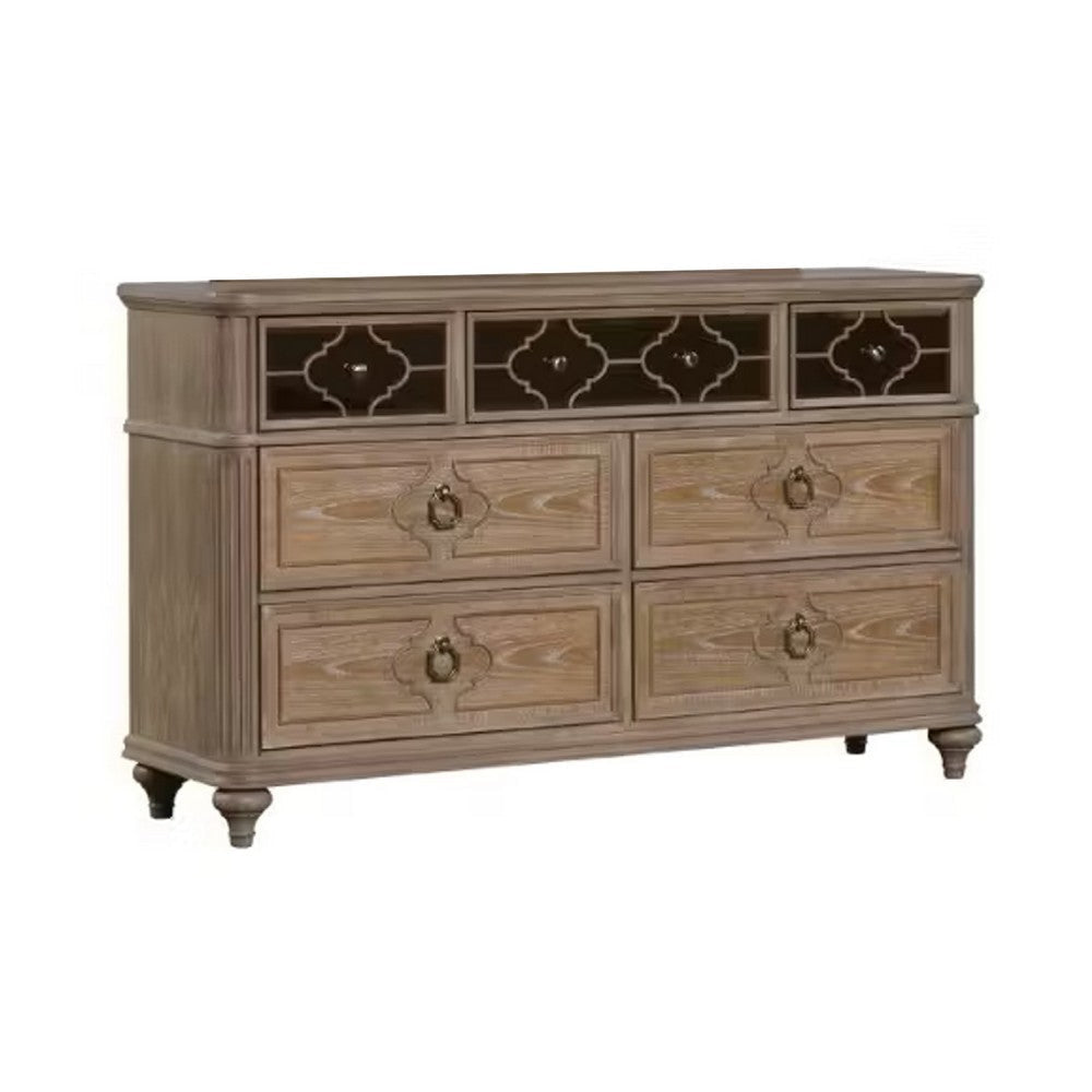 Lyla 7 Drawer Wide Dresser | Rustic Oak Solid Wood | Antique Mirror Panels