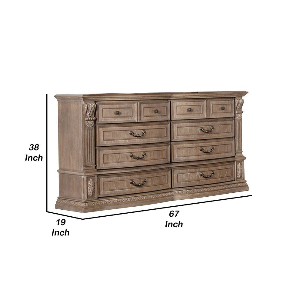 Reven 8 Drawer Wide Dresser | Weathered Oak Solid Wood | Carved Detailing BM340244
