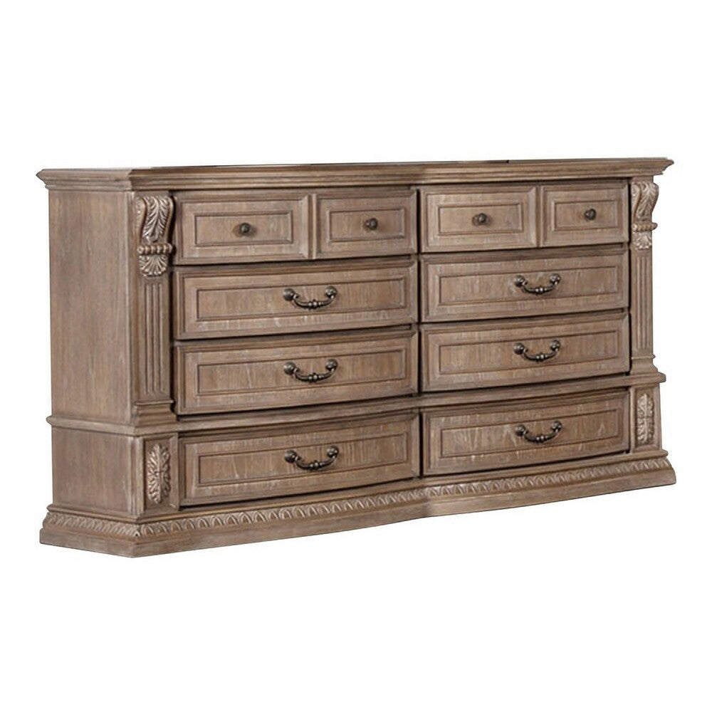 Reven 8 Drawer Wide Dresser | Weathered Oak Solid Wood | Carved Detailing