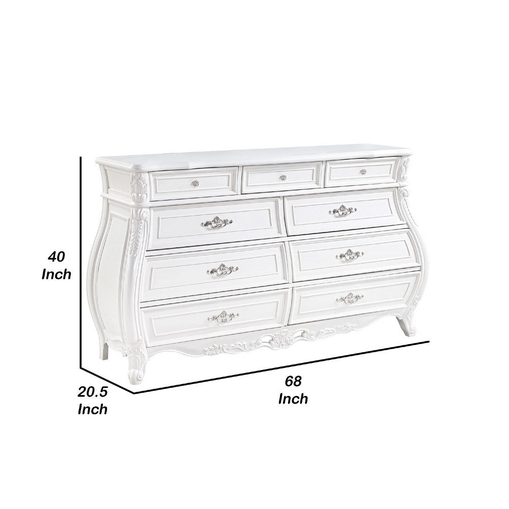 Valena 9 Drawer Wide Dresser | White Solid Wood | Carved Accents BM340245