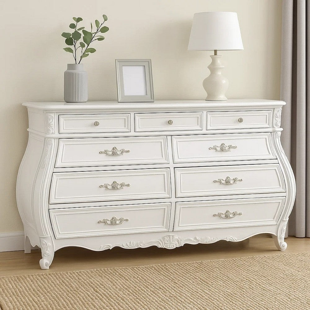 Valena 9 Drawer Wide Dresser | White Solid Wood | Carved Accents BM340245