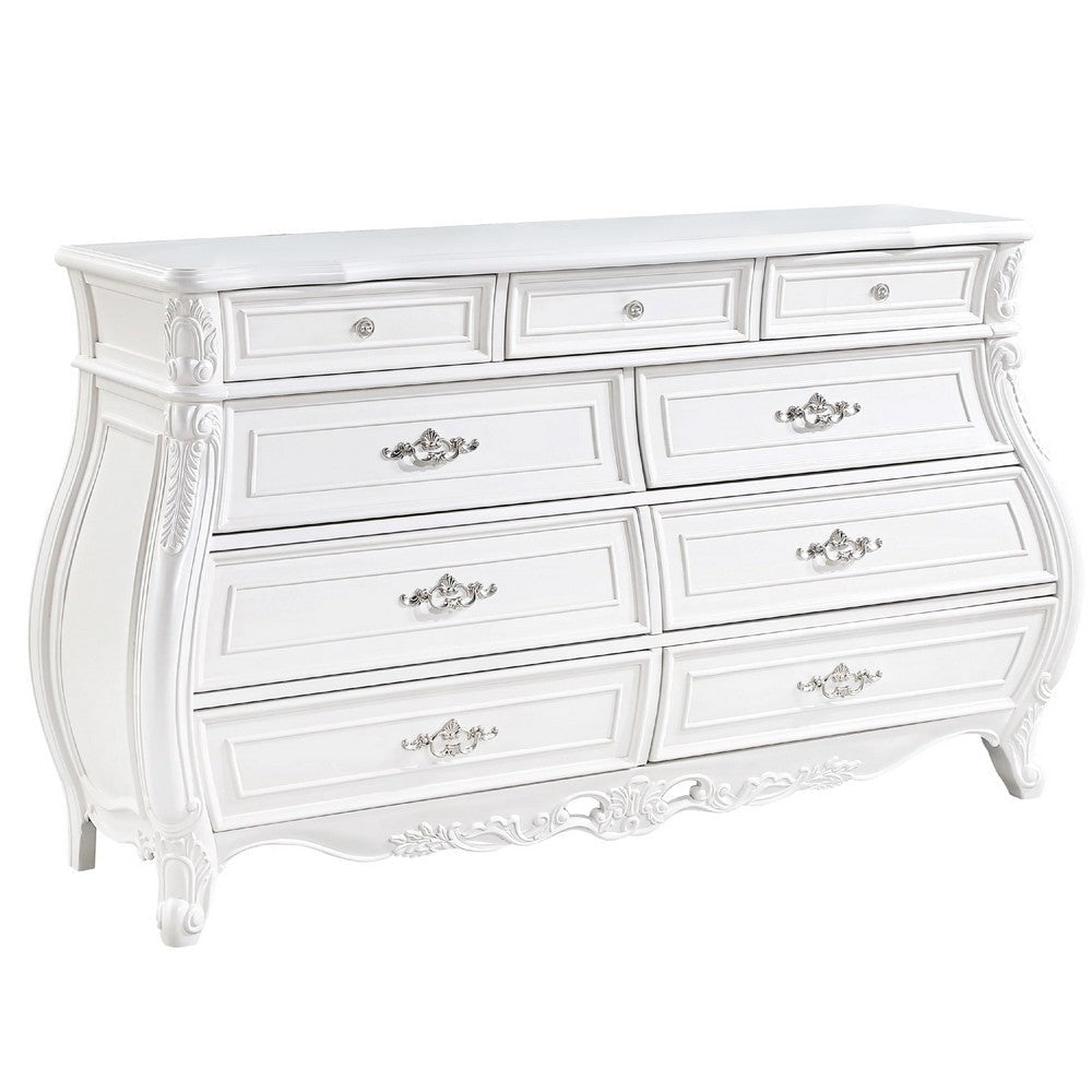 Valena 9 Drawer Wide Dresser | White Solid Wood | Carved Accents